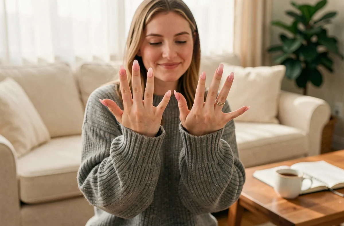Jeune femme admirant ses ongles après une pose américaine sans ponceuse avec un résultat naturel et sain
