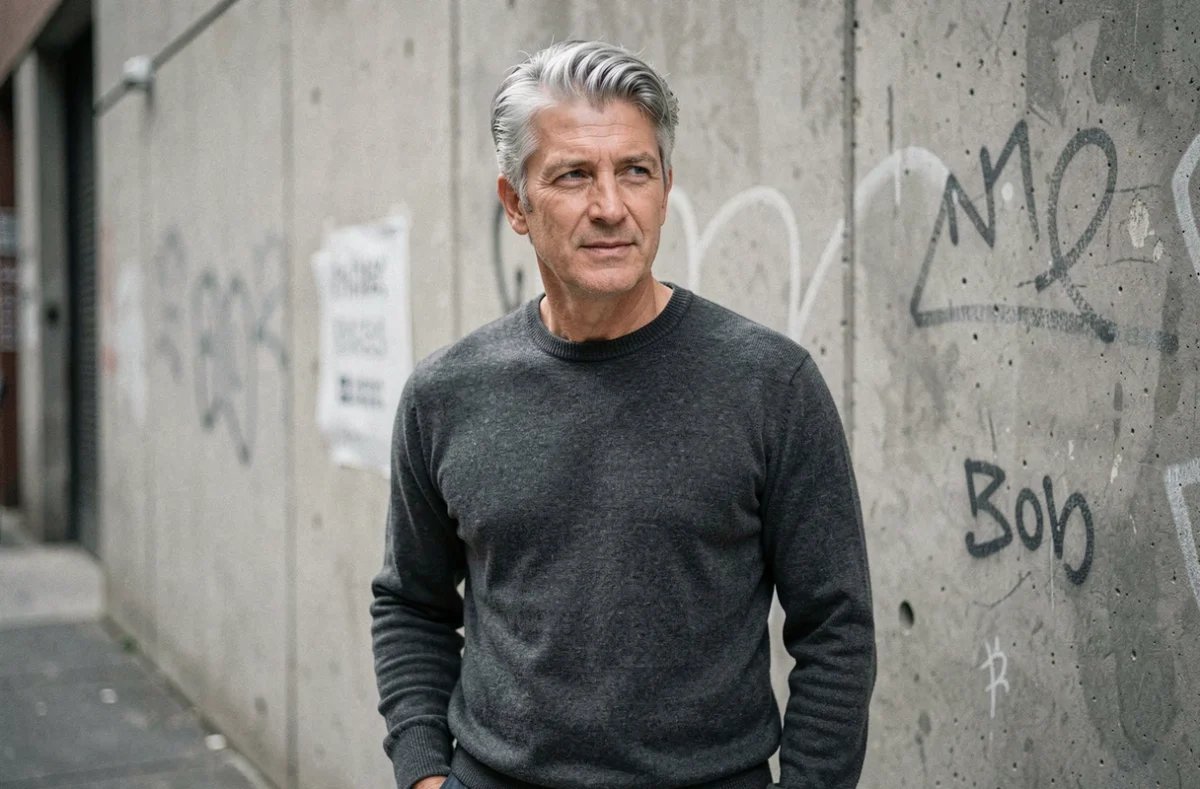 Homme élégant aux cheveux gris argentés teints, en pull gris dans un décor urbain, illustrant un changement de look réussi