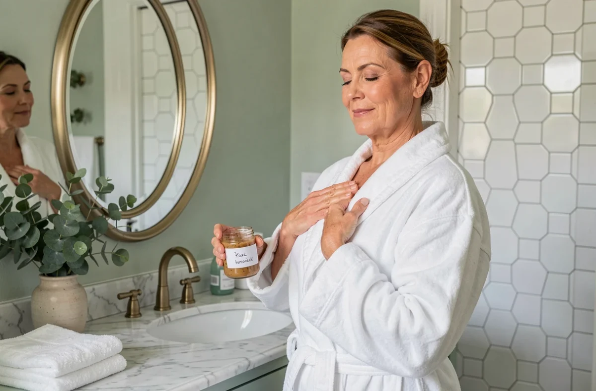 Femme en peignoir appliquant un remède naturel sur le décolleté dans une salle de bain vintage