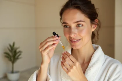 Femme appliquant de l'huile d'olive sur sa peau dans une salle de bain minimaliste pour une routine beauté naturelle