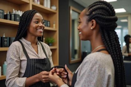 Jeune femme noire souriante avec coiffeuse africaine dans un salon moderne