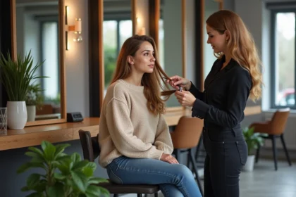 Femme stylée en salon de coiffure avec styliste et échantillons