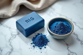 Savon Nila bleu solide et poudre de Nila dans un bol en céramique posés sur du marbre blanc, comparaison des deux formes du produit naturel