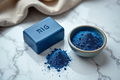 Savon Nila bleu solide et poudre de Nila dans un bol en céramique posés sur du marbre blanc, comparaison des deux formes du produit naturel