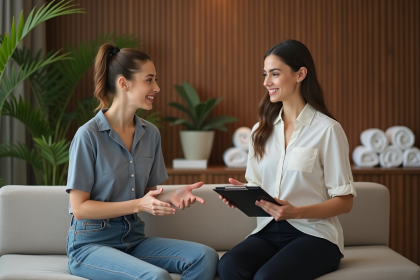 Femme détendue en conseil spa avec thérapeute