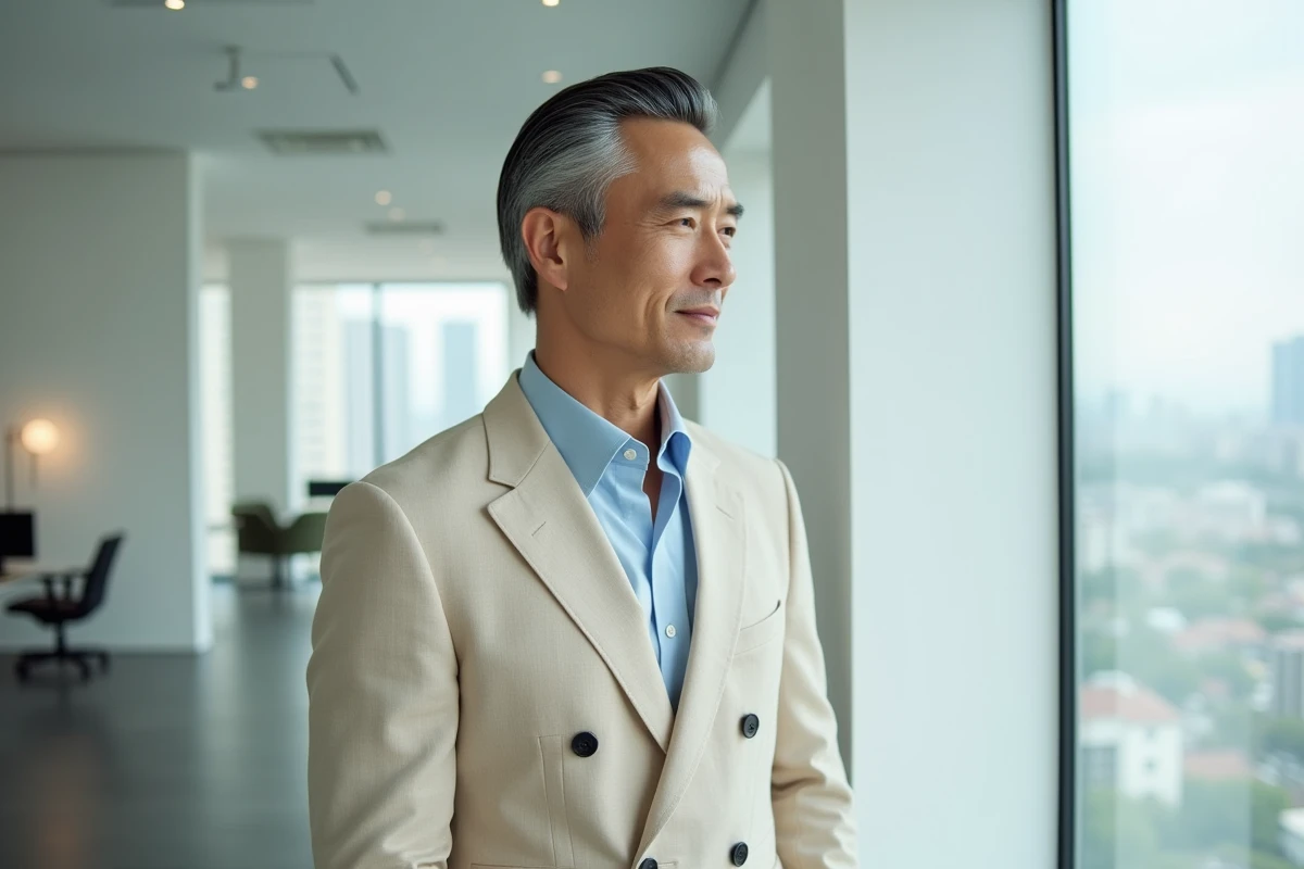 Homme distingué avec slick back grisonnant en costume lin beige devant une fenêtre dans un bureau moderne