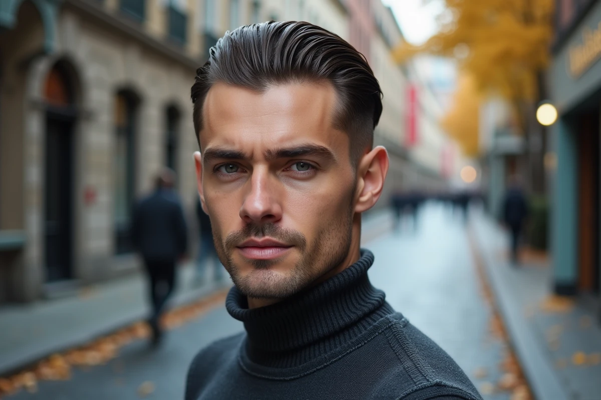 Jeune homme avec un slick back brillant et col roulé anthracite posant dans une rue pavée en automne