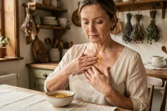 Femme appliquant un soin maison au miel sur son décolleté dans une cuisine rustique