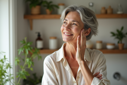 Femme de 50 ans appliquant un serum visage naturel