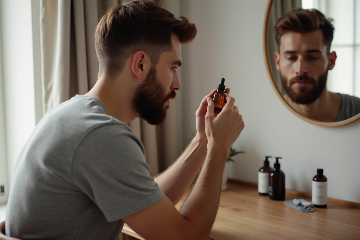 Homme examinant son visage dans un miroir en appliquant une huile apaisante après rasage dans un appartement scandinave