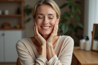 Femme se massant le visage avec douceur visage naturel