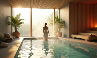 Intérieur de spa moderne avec sauna et bassin de refroidissement