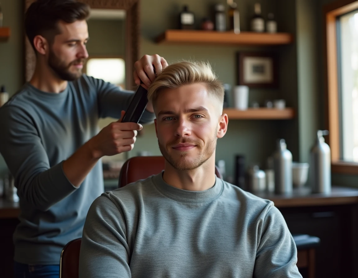 Homme jeune aux cheveux fins blonds se faisant coiffer par un barbier dans un salon moderne avec miroirs vintage