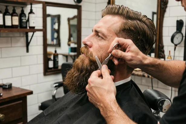 Barbier taillant et sculptant une longue barbe brune dans un salon de coiffure moderne