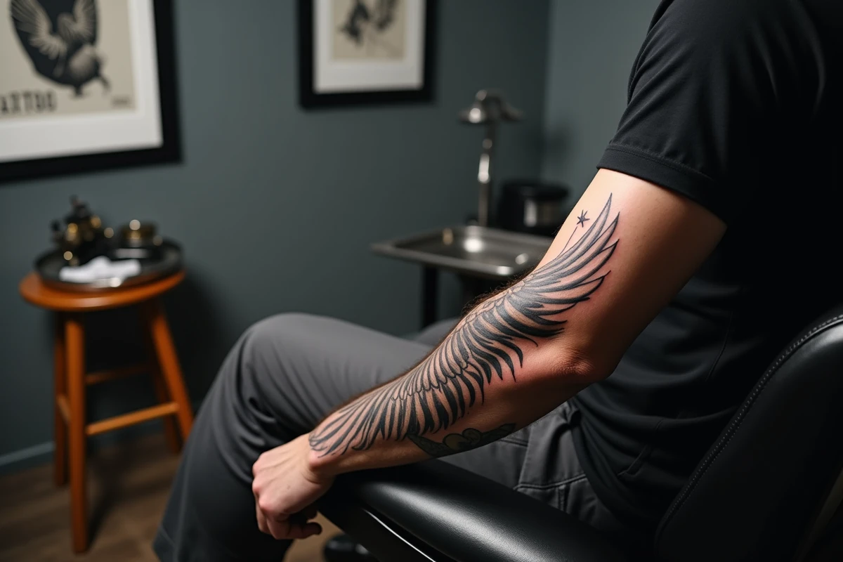 Tatouage ailes d'anges sur l'avant-bras d'un homme dans un studio de tatouage, motif hommage détaillé