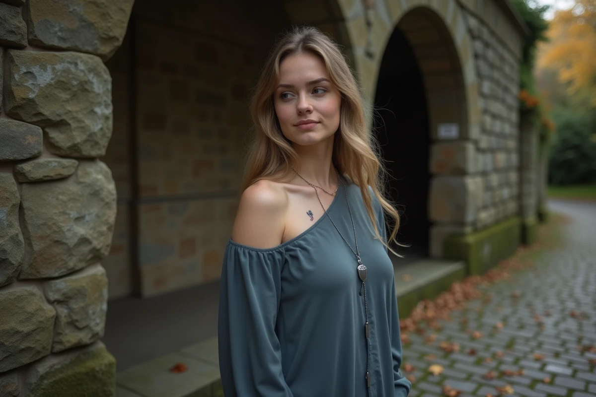 Petite tatouage ailes d'anges sous la clavicule d'une femme devant une chapelle en pierre, symbole de souvenir et de protection