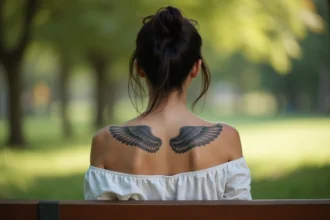Tatouage ailes d'anges dans le dos d'une femme assise dans un parc, motif protecteur en hommage à un proche