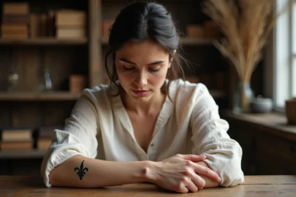 Femme contemplant son tatouage fleur de lys sur le poignet dans un atelier artisanal chaleureux