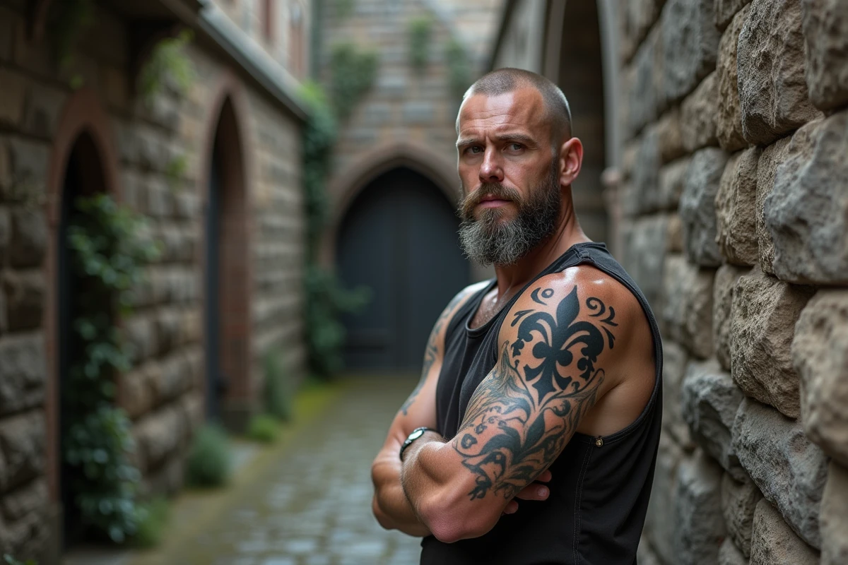 Homme tatoué avec fleur de lys héraldique devant une cathédrale en pierre symbole spirituel