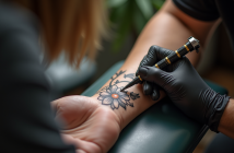Gros plan d'un avant-bras avec tatouage floral délicat