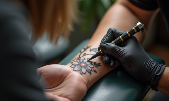 Gros plan d'un avant-bras avec tatouage floral délicat