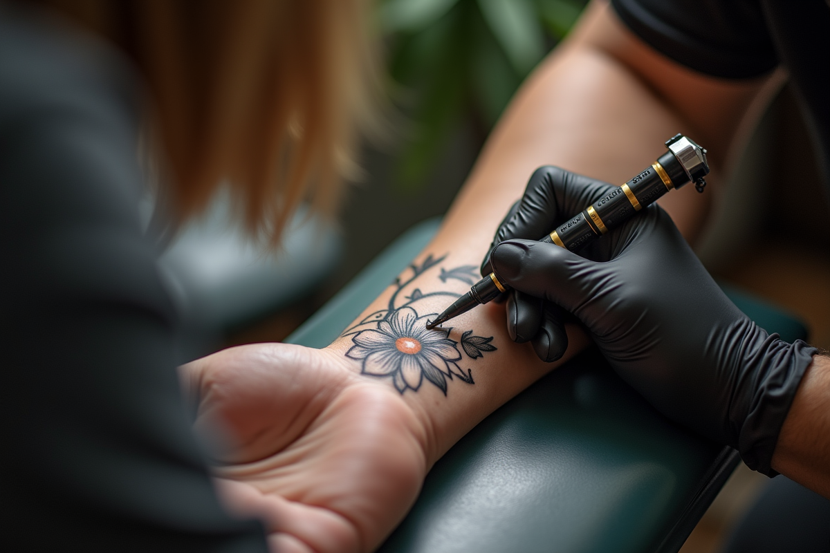 Gros plan d'un avant-bras avec tatouage floral délicat
