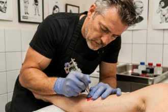Tatoueur professionnel au travail dans un studio de tatouage, concentré sur le bras d'un client, machine à tatouer en main