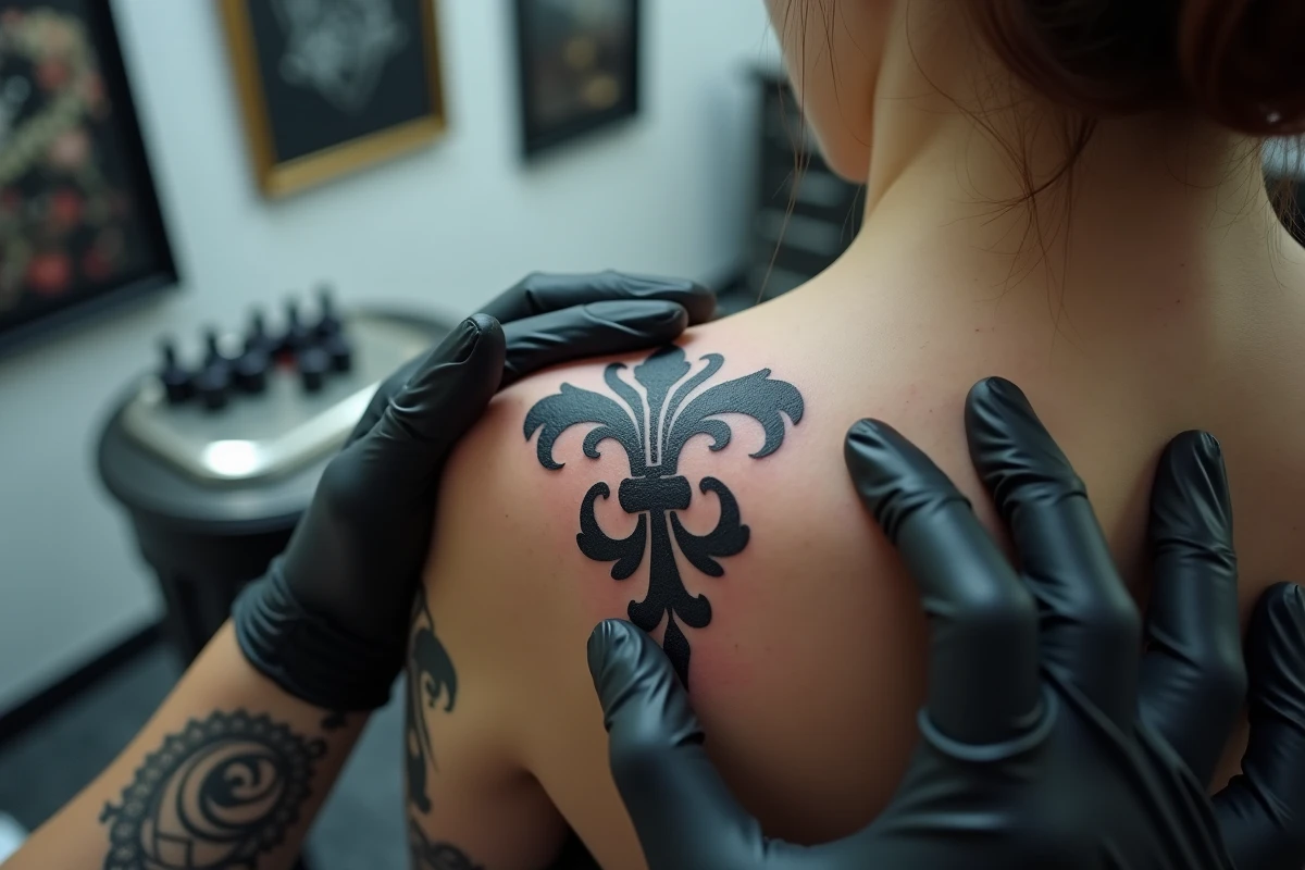 Artiste tatoueur réalisant un tatouage fleur de lys sur l'épaule d'un client en studio professionnel
