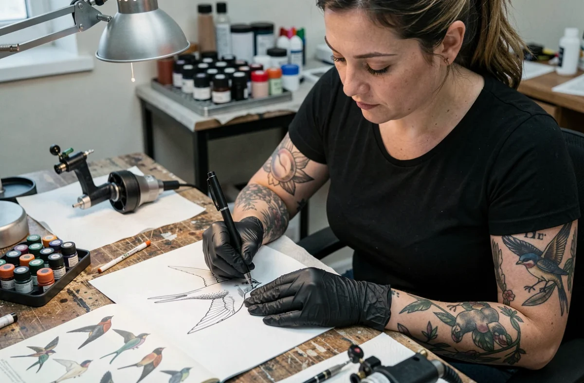 Tatoueuse professionnelle dessinant un modèle de tatouage hirondelle sur papier calque dans son studio