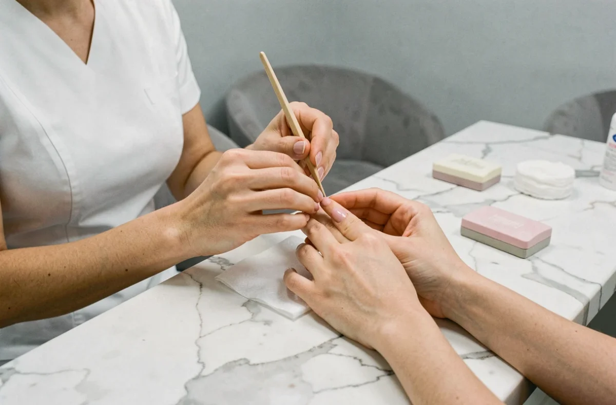 Technicienne en ongles poussant les cuticules sans ponceuse lors d'une pose américaine douce en salon