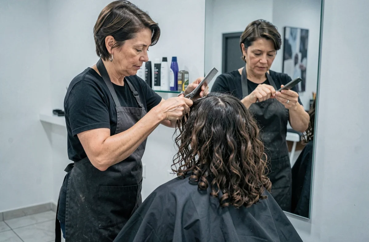Coiffeuse réalisant un dégradé espagnol sur cheveux bouclés en salon de coiffure professionnel