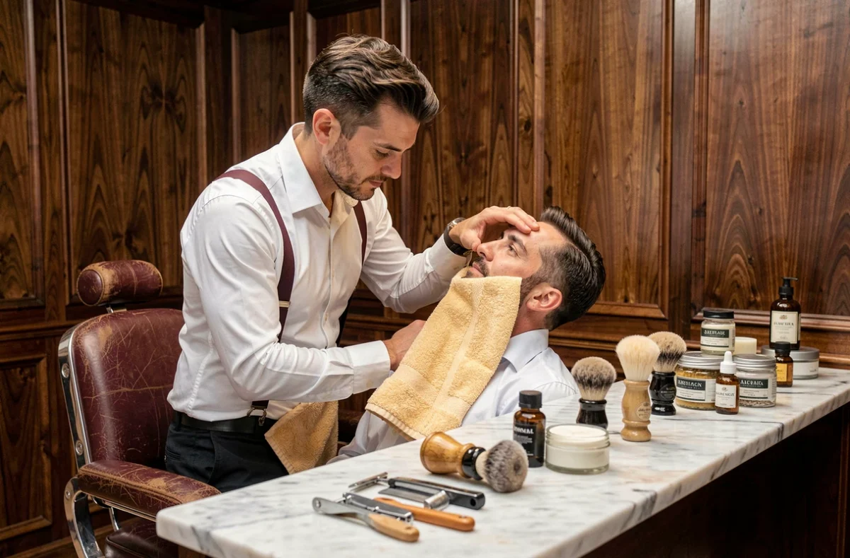 Barbier appliquant une serviette chaude à un client dans l'élégant salon L'Univers du Rasage à Clermont-Ferrand