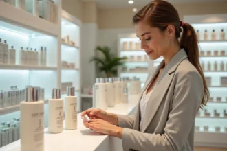 Femme examinant un produit cosmétique L'Oréal en pharmacie, illustrant la vente au personnel et la revente de produits de beauté