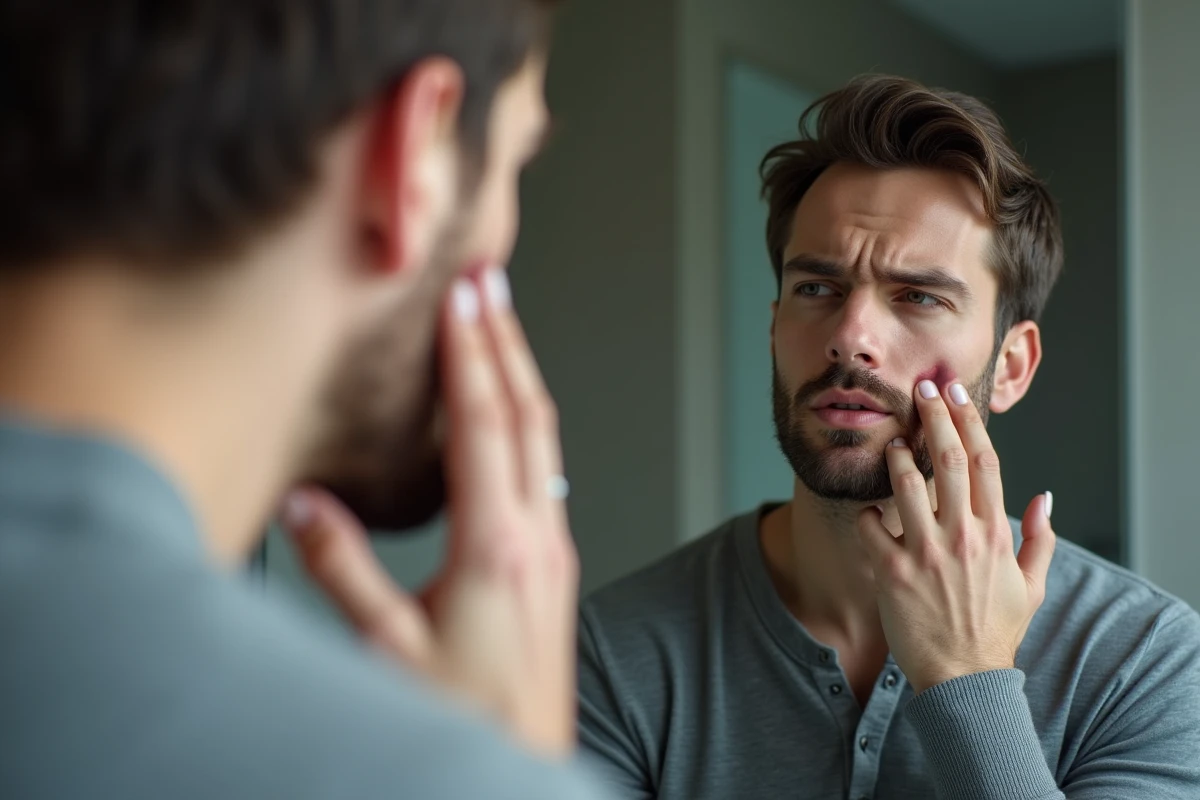 Homme vérifiant l'irritation de sa peau sensible après le rasage électrique devant un miroir de salle de bain