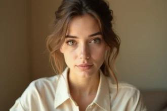 Gros plan sur les yeux hazel d'une jeune femme, montrant les nuances de vert, d'ambre et de brun caractéristiques de cette couleur rare